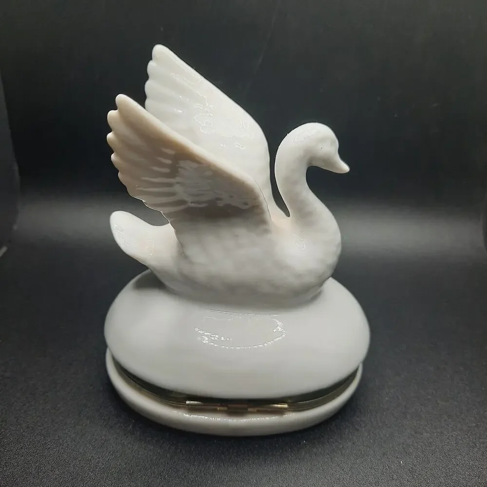 Vintage Paris Royal Porcelain Swan Hinged Trinket Box Crown Mark Gold Trim